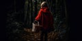 Little red riding hood in the dark woods at night. Generative AI Royalty Free Stock Photo