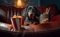 Luxurious Film Night Smiling Dachshund Watching Movies with Popcorn. Generative AI
