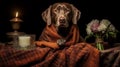 Luxurious Pampering German Shorthaired Pointer Dog Enjoying Spa Treatment Under Towel. Generative AI