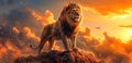 Majestic lion with a royal crown standing atop a rocky peak, against a dramatic fiery sunset sky, symbolizing power, royalty