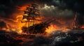 Majestic pirate ship navigating treacherous fiery seas amid volcanic eruption dramatic orange-red skies overhead