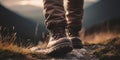 Man hiking up mountain trail close-up of leather hiking boots. Generative AI
