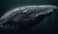 a massive baleen whale gliding gracefully through the ocean depths surrounded by a serene blue-green sea. Generative AI