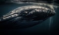 a massive baleen whale gliding gracefully through the ocean depths surrounded by a serene blue-green sea. Generative AI