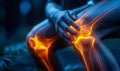 Medical visualization of a human knee joint glowing with heat to indicate pain or inflammation highlighting orthopedic health and