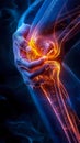 Medical visualization of a human knee joint glowing with heat to indicate pain or inflammation highlighting orthopedic health and