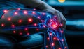 Medical visualization of a human knee joint glowing with heat to indicate pain or inflammation highlighting orthopedic health and