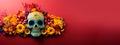 Mexican day of the dead sugar skull on vibrant red background banner wallpaper with copy space for your text Royalty Free Stock Photo