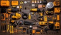 Minimalist Craftsmanship Neatly Arranged Construction Worker Tools in Knolling Photography. Generative AI