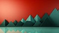 Minimalist geometric landscape with rows of triangular shapes in shades of green and a standout red triangle against a gradient