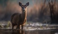 Misty Marshland Serenity Photo of Chinese water deer standing alertly in a misty marshland its delicate features and unique