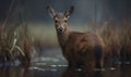 Misty Marshland Serenity Photo of Chinese water deer standing alertly in a misty marshland its delicate features and unique