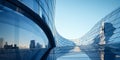 Modern architectural elegance Upward view of a futuristic skyscrapers curved glass facade reflecting the clear blue sky Royalty Free Stock Photo