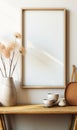 Modern 3D Rendering Poster Frame Mock-Up on a Decorated Shelf