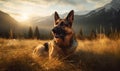 Morning Patrol Photo of guide dog a majestic German Shepherd patrolling a grassy meadow at sunrise with the majestic mountain