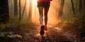 Morning Run Lady Trail Runner in Sunlit Forest. Generative AI Royalty Free Stock Photo