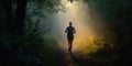 Morning Run in the Woods Female Trail Runner Amidst the Bokeh. Generative AI Royalty Free Stock Photo