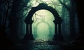Mysterious ancient archway in a foggy dark forest at night evoking an eerie suspenseful atmosphere akin to a fantasy or horror Royalty Free Stock Photo