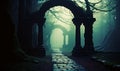 Mysterious ancient archway in a foggy dark forest at night evoking an eerie suspenseful atmosphere akin to a fantasy or horror Royalty Free Stock Photo