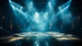 Mysterious empty stage with dramatic blue lights and smoke spotlight on the shiny floor ready for performance or presentation in Royalty Free Stock Photo