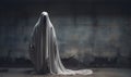 Mysterious figure shrouded in a flowing white sheet stands against a grungy wall evoking ghostly specters in a dark haunting