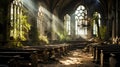 Mystic Light Warm Evening Glow in Birch Forest Within a Ruined Church