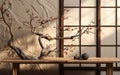 Natures Serenity Wooden Table with Dried Tree Branch Sunlight Traditional Japanese Wall 3D Background Royalty Free Stock Photo
