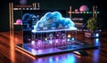 Neon Glowing Cloud Computing Concept with Cloud Icon and Technology Symbols on Dark Background Representation of Online Data Royalty Free Stock Photo