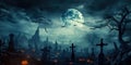 Night of the Undead Zombie Rising from a Spooky Graveyard in a Halloween Banner