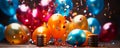 Party Time Colorful Birthday Balloons and Cake with Lit Candles Royalty Free Stock Photo