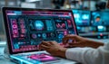 Person Using Laptop with Virtual Interface Displaying SSL Secure Sockets Layer and Security Icons for Encrypted Internet Royalty Free Stock Photo