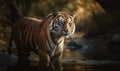 photo of Bengal tiger standing in water in its natural habitat. Generative AI Royalty Free Stock Photo