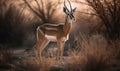 photo of blackbuck on blurry savannah background. Generative AI