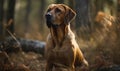 photo of bloodhound sitting in forest. Generative AI