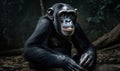 photo of bonobo sitting in its natural habitat in the jungle. Generative AI
