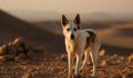 Photo of Canaan dog breed native to the Middle East amidst the rugged terrain of Israeli desert. vast expanse of the desert is