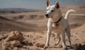 Photo of Canaan dog breed native to the Middle East amidst the rugged terrain of Israeli desert. vast expanse of the desert is