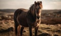 photo of Dartmoor breed of pony in its natural habitat. Generative AI