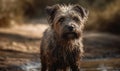 photo of dirty cairn terrier standing in water on a forest path. Generative AI Royalty Free Stock Photo