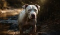 photo of Dogo Argentino standing on the edge of a forest river. Generative AI