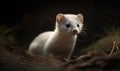 photo of ermine also called stoat on dark background. Generative AI
