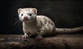 photo of ermine also called stoat sitting on a piece of wood on dark background. Generative AI
