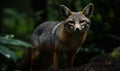 Photo of gray fox in the wild poised and alert amidst a verdant woodland. Portrait highlights the foxs striking features including