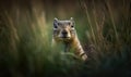 Photo of ground squirrel peering out from the entrance of its burrow in a grassy meadow. Generative AI