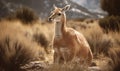 photo of guanaco Lama guanicoe in its natural habitat. Generative AI