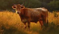 Photo of Guernsey cow grazing in a lush golden meadow at sunrise lighting emphasizes the cows gentle nature and iconic rust