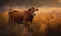 Photo of Guernsey cow grazing in a lush golden meadow at sunrise lighting emphasizes the cows gentle nature and iconic rust