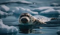 Photo of harp seal floating gracefully on a vibrant icy blue Arctic sea The photo is emphasizing the details and textures of the
