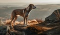 Photo of hound a majestic sight as it stands atop a rocky hill overlooking a sweeping landscape. image showcasing the hounds