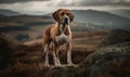 Photo of hound a majestic sight as it stands atop a rocky hill overlooking a sweeping landscape. image showcasing the hounds